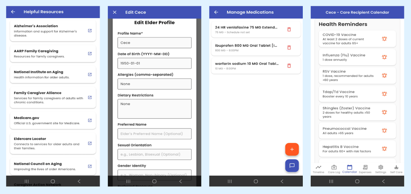 Screenshots of the Cecelia Care app interface showing various features.